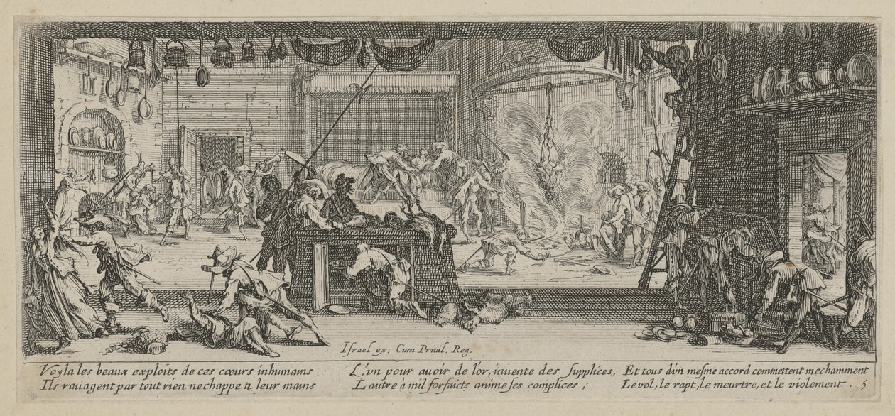 Plundering van een boerderij, blad 5 van de reeks "De gruwelen van de oorlog" door Jacques Callot