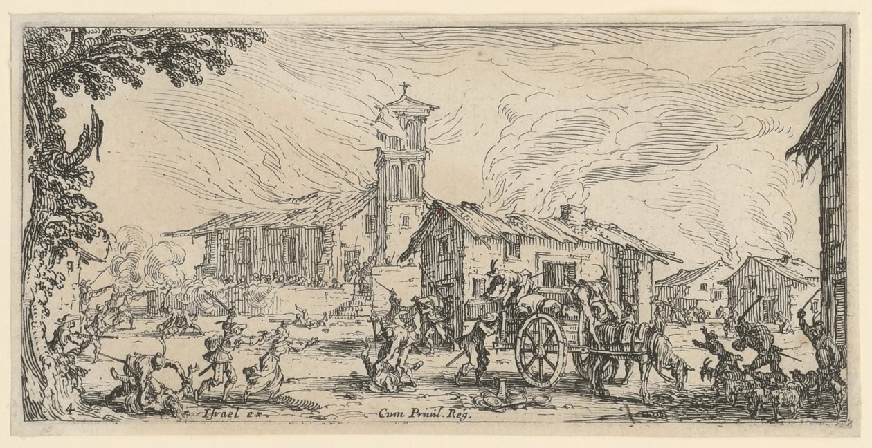 Plundering en brandstichting van een dorp door Jacques Callot