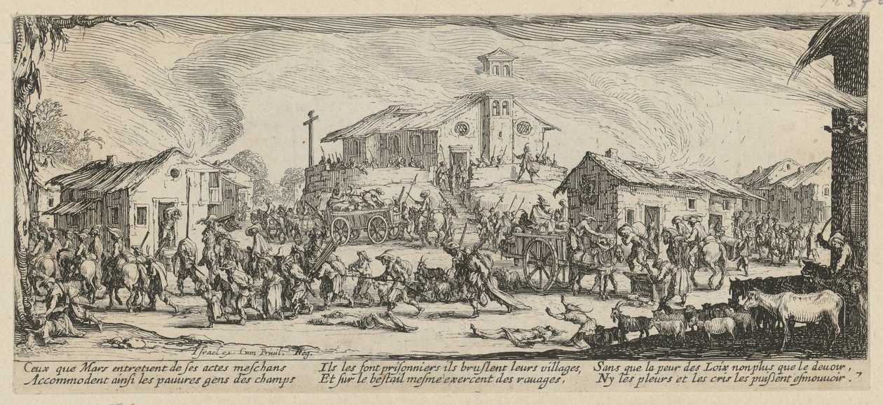 Plundering en verbranding van een dorp, plaat 7 uit de reeks „Ellende van de oorlog“ door Jacques Callot