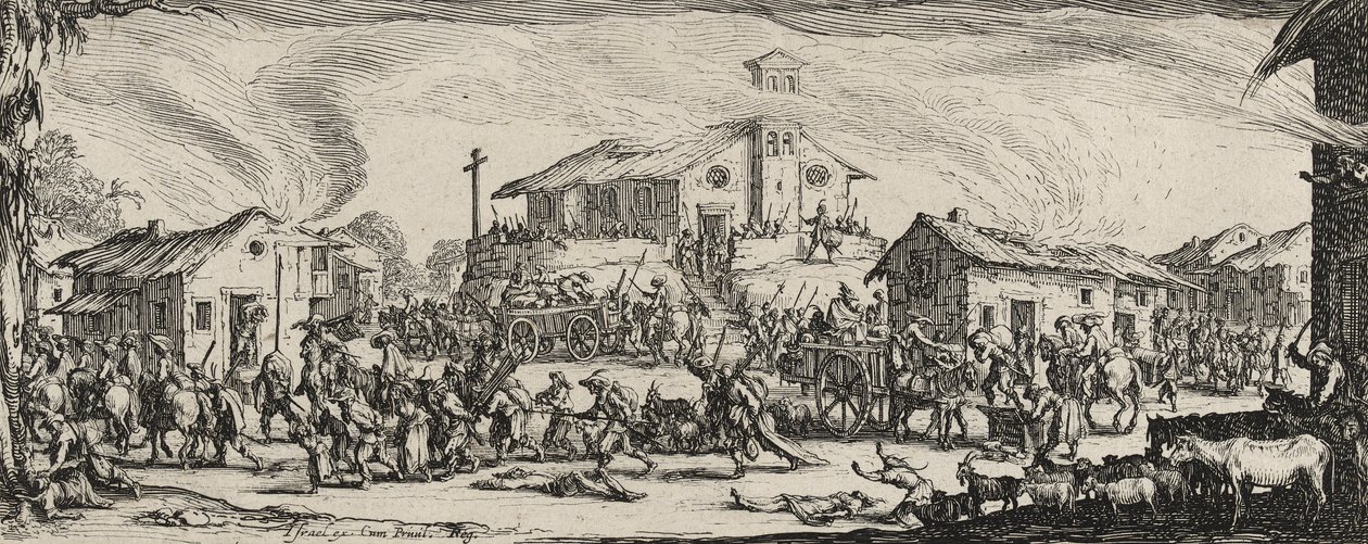 Plundering en verbranding van een dorp door Jacques Callot