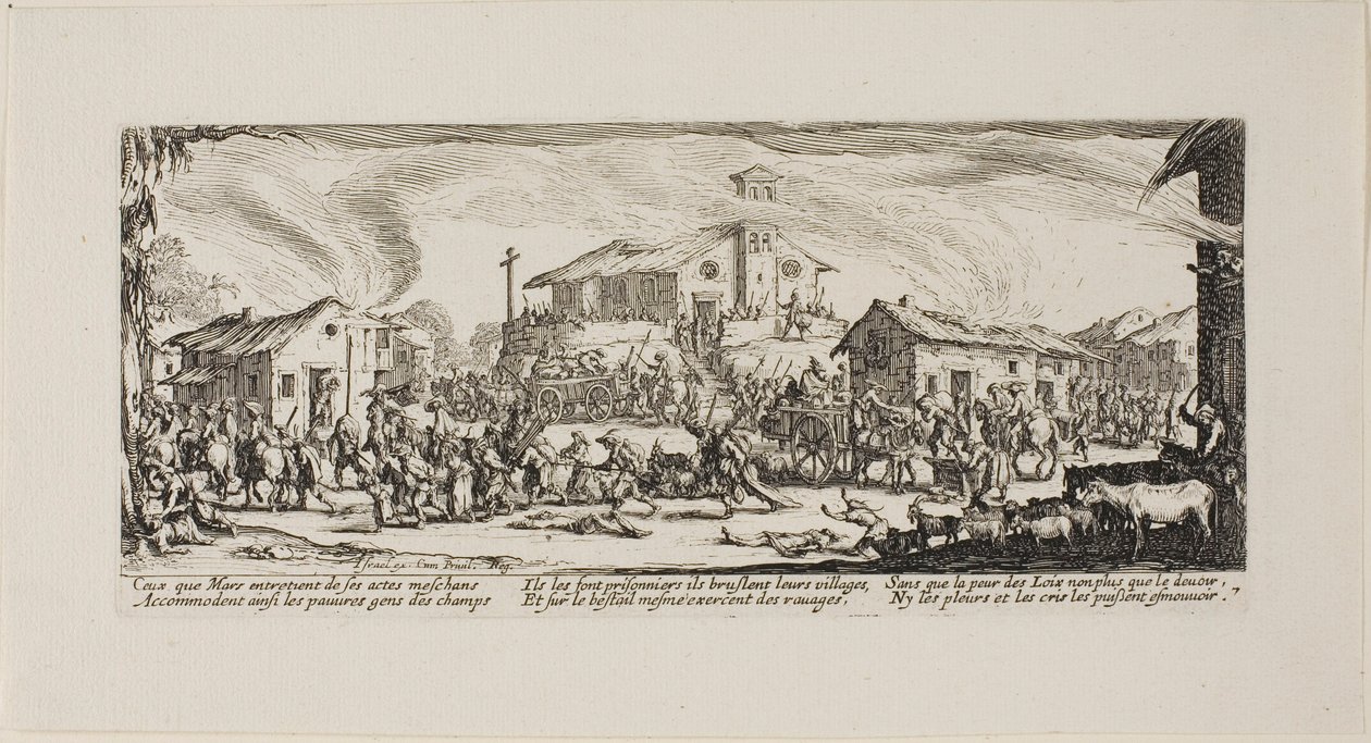 Plunderen en verbranden van een dorp, plaat zeven uit De ellende van de oorlog door Jacques Callot