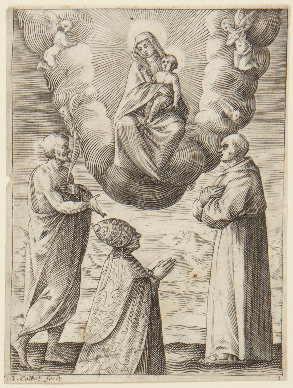 Paus Bonifatius VIII met Sint Franciscus en Sint Crispinus die de Maagd en het Kind Jezus aanbidden door Jacques Callot