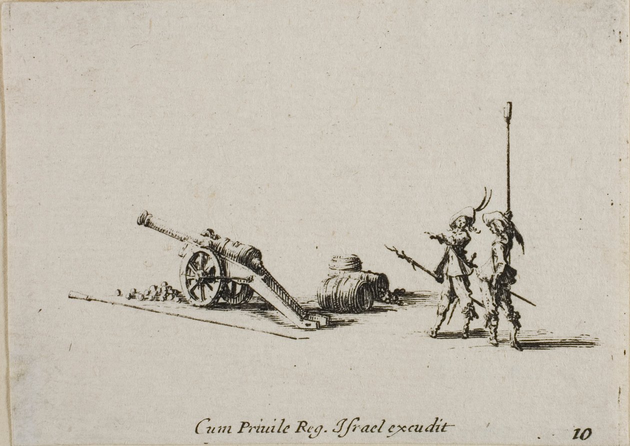 Voorbereiding om het kanon af te vuren, plaat tien uit De militaire oefeningen door Jacques Callot