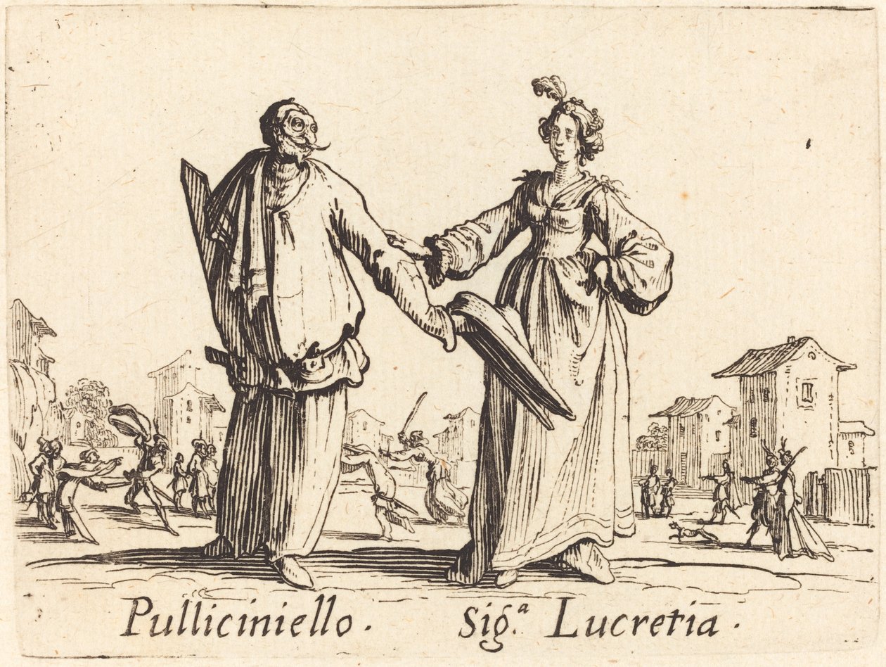 Pulliciniello en Siga. Lucretia door Jacques Callot