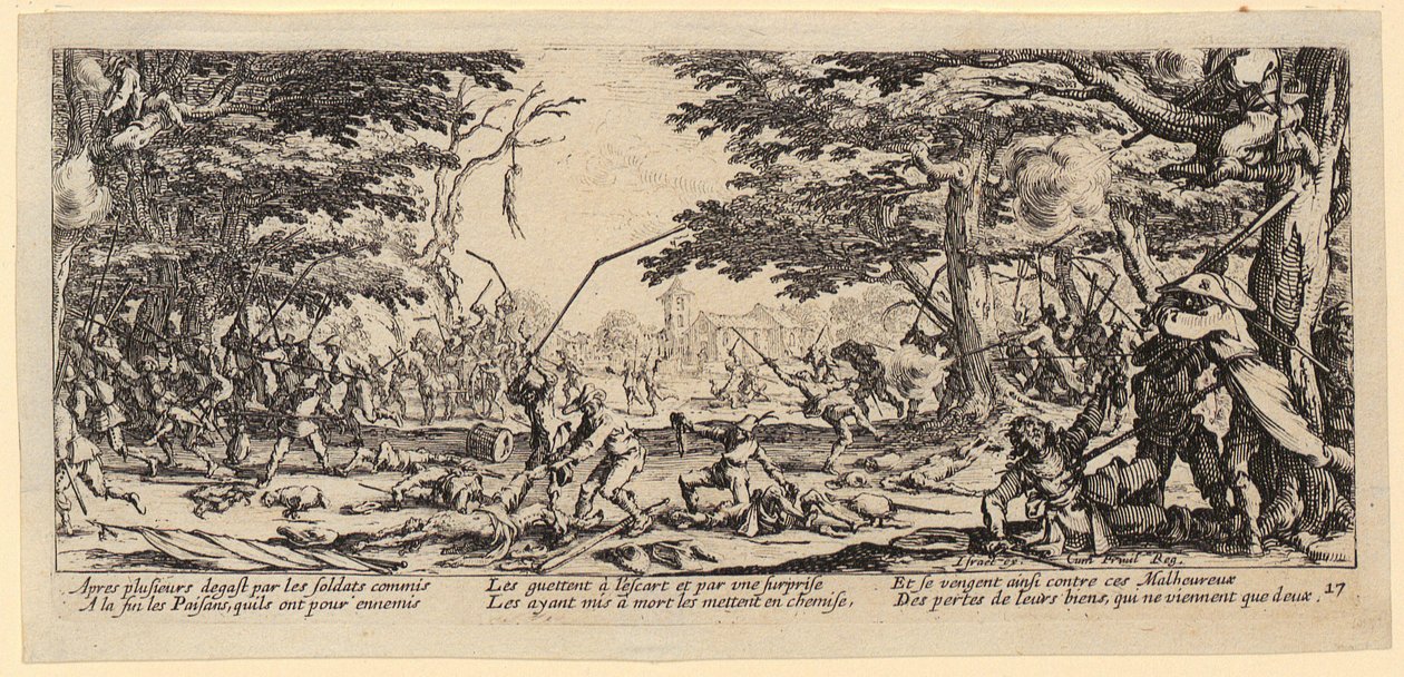 De wraak van de boeren, blad 17 van de aflevering „De gruwelen van de oorlog” door Jacques Callot