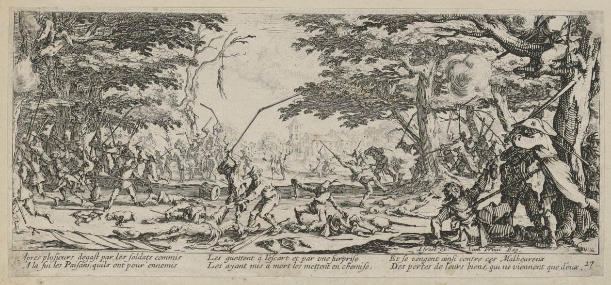 De wraak van de boeren, blad 17 van de aflevering „De verschrikkingen van de oorlog” door Jacques Callot