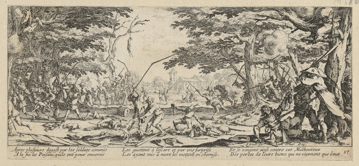 De wraak van de boeren, blad 17 van de aflevering „De verschrikkingen van de oorlog” door Jacques Callot