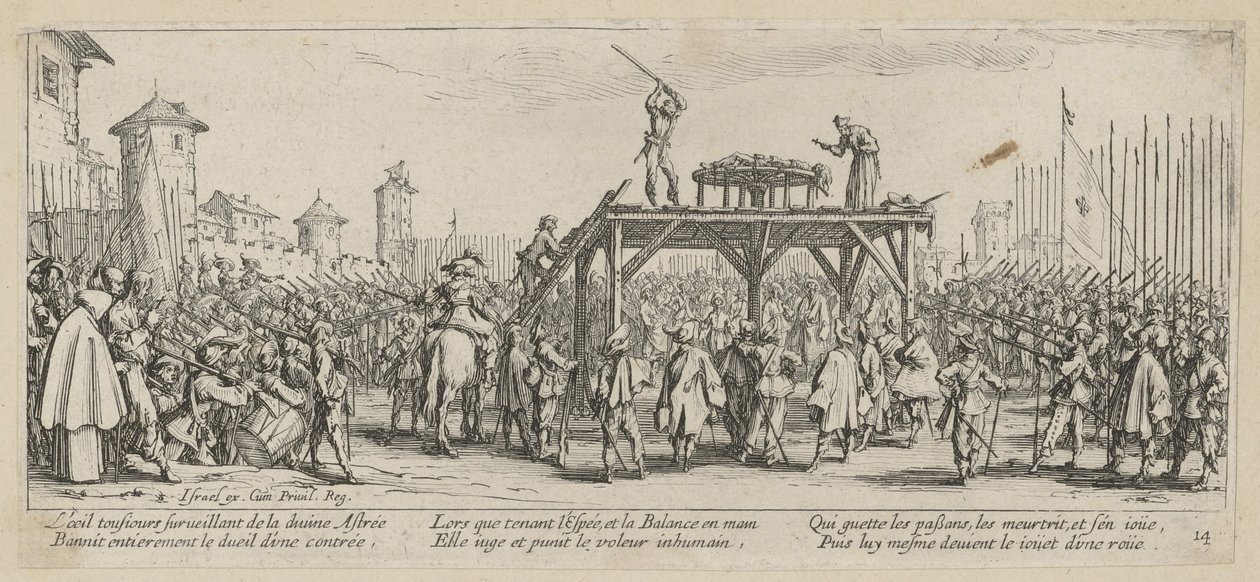 Fiets, blad 14 van de serie „De gruwelen van de oorlog” door Jacques Callot