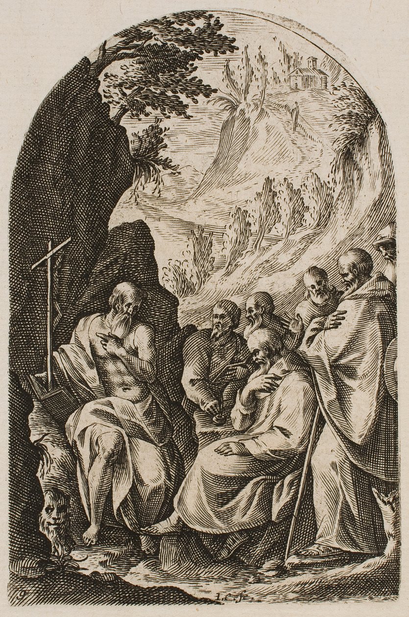 Sint-Hiëronymus onderricht zijn discipelen in de woestijn, uit de serie "Afbeeldingen van Rome" door Jacques Callot