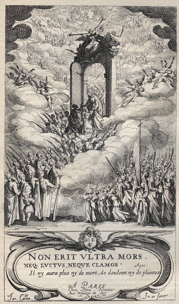 Heiligen en heiligen die zich haasten bij de deur van het Paradijs - compositie en gravure door Jacques Callot (1592-1635) door Jacques Callot