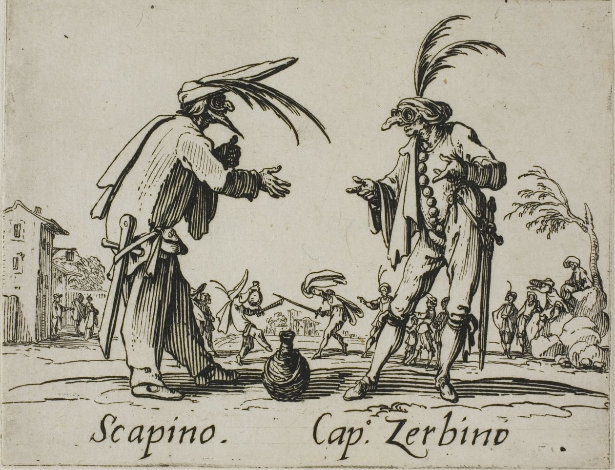 Scapino - Kapitein Zerbino, plaat 12 van Balli di Sfessania door Jacques Callot