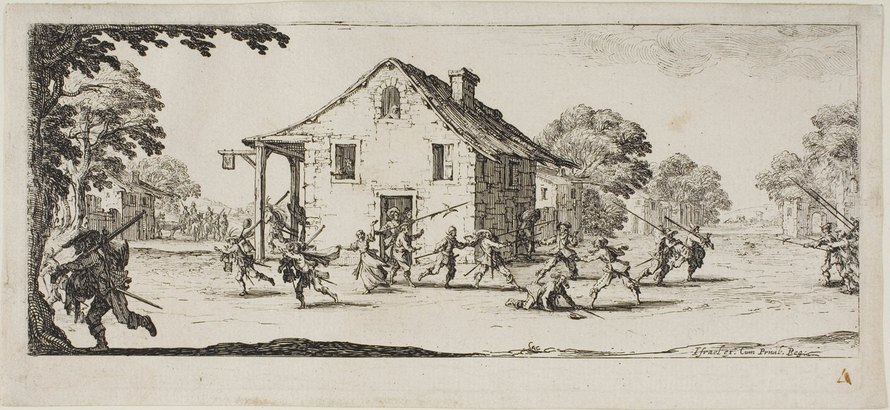 Scène van plundering, plaat vier uit De ellende van de oorlog door Jacques Callot