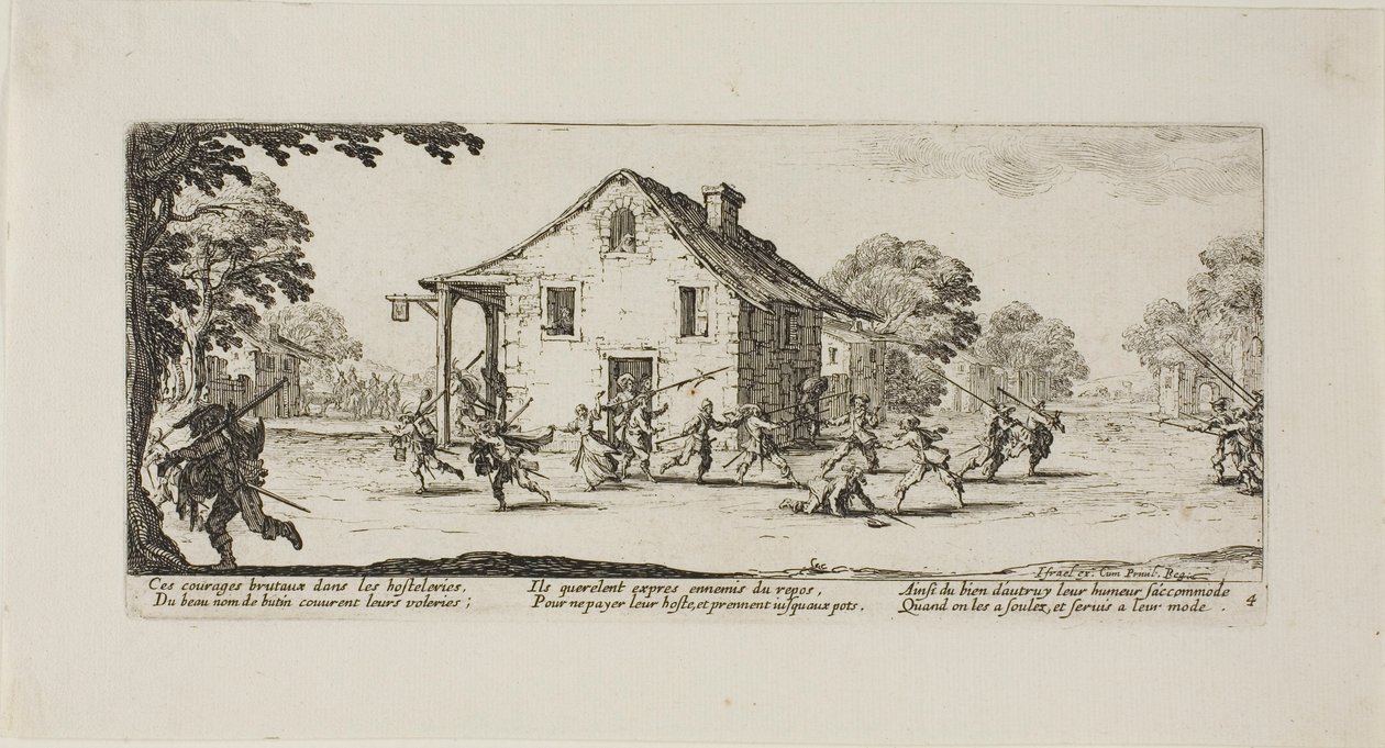Scène van plundering, plaat vier uit De ellende van de oorlog door Jacques Callot