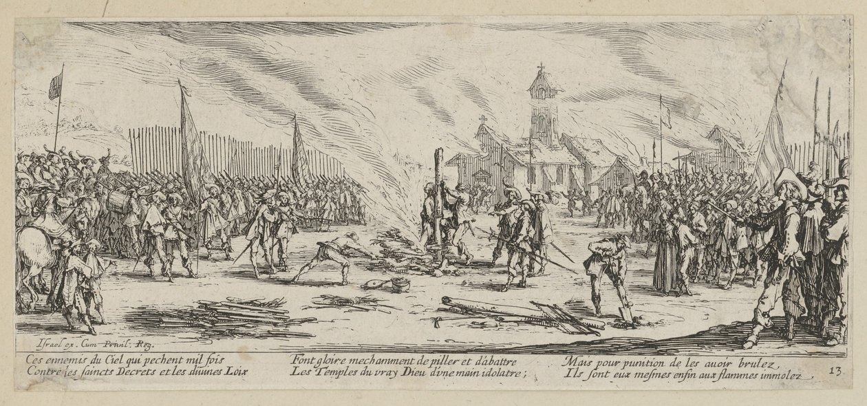 De brandstapel, blad 13 uit de reeks "Gruwelen van de oorlog" door Jacques Callot