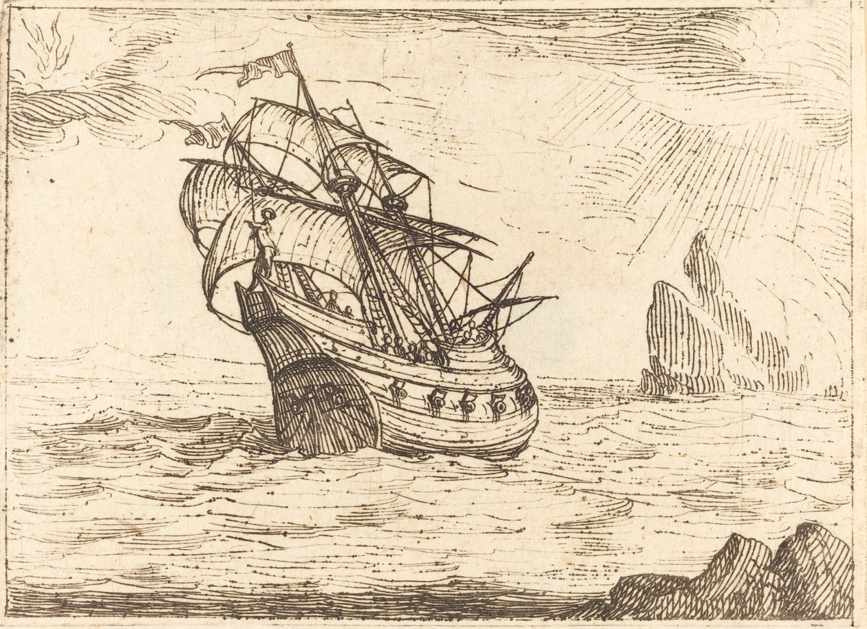 Schip dat nabij rotsen navigeert door Jacques Callot