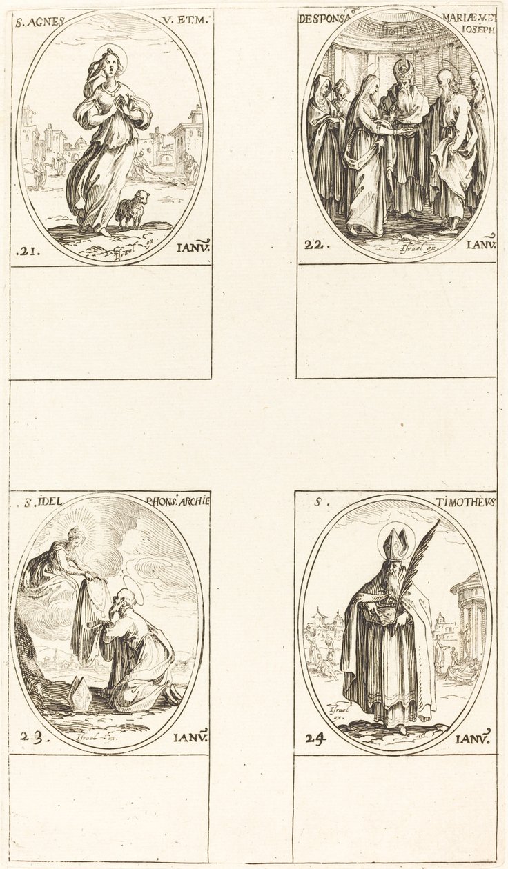 St. Agnes; Het huwelijk van de Maagd; St. Ildefonsus; St. Timoteüs door Jacques Callot