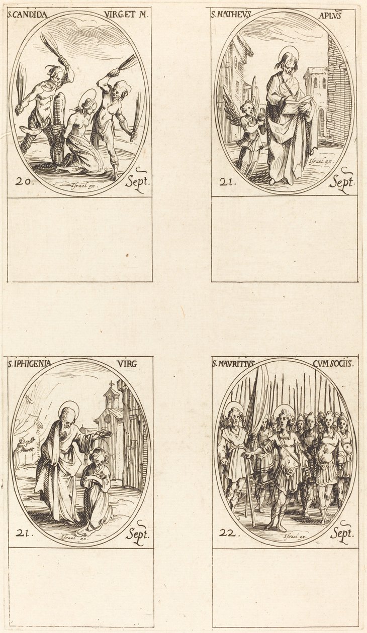 St. Canida; St. Matteüs; St. Ipigenia; St. Mauritius en metgezellen door Jacques Callot