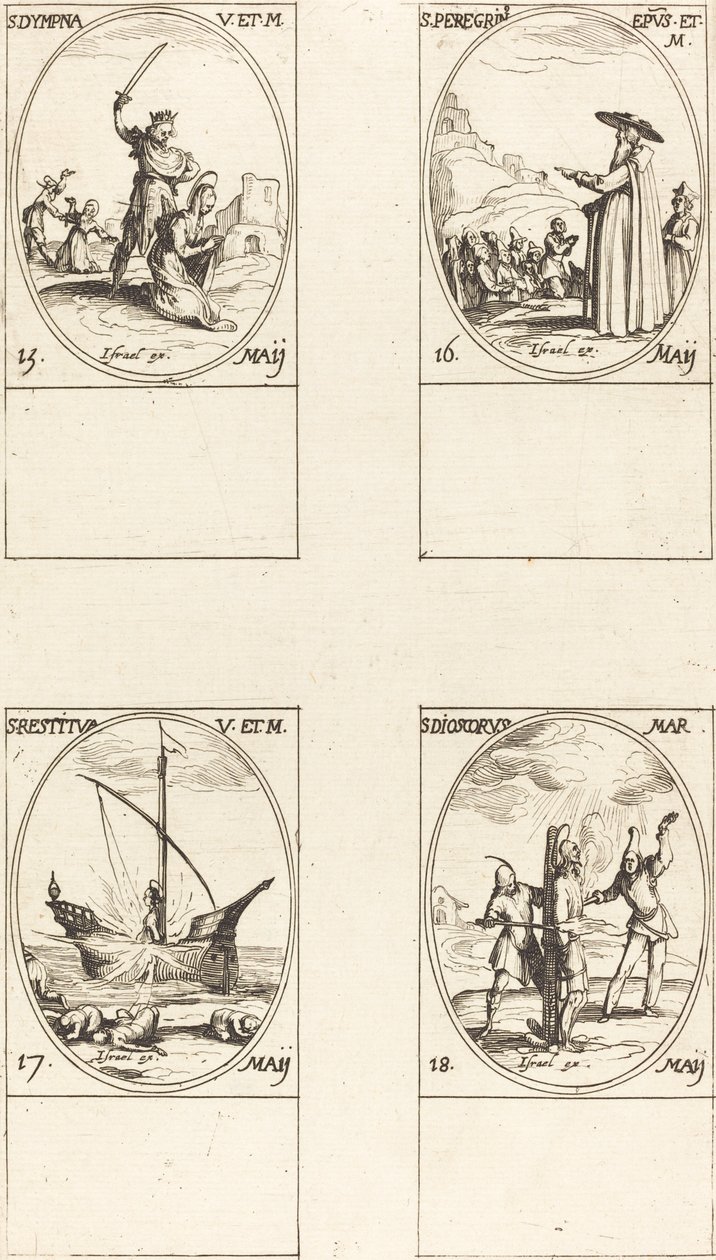 St. Dympna; St. Peregrinus; St. Restituta; St. Dioscorus door Jacques Callot