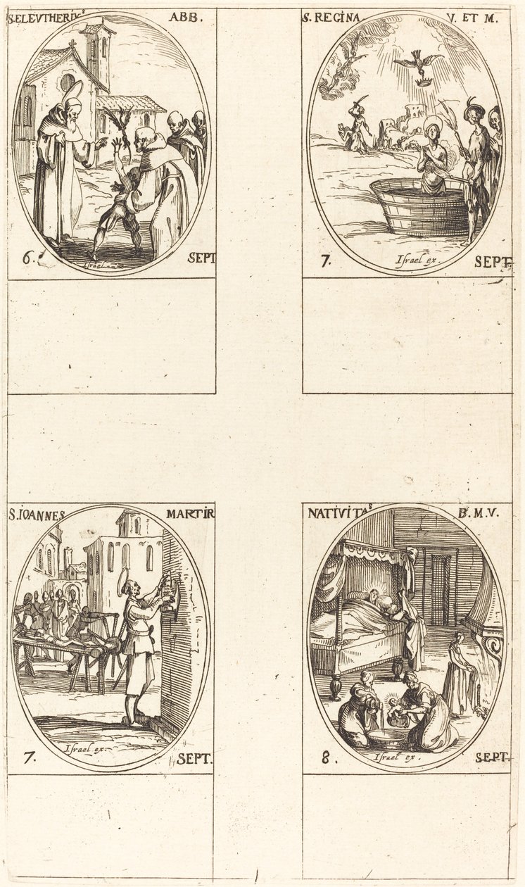 St. Eleutherius, Abt; St. Regina; St. Johannes; De Geboorte van de Maagd door Jacques Callot