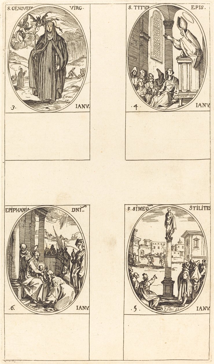 Sint Genoveva; Sint Titus; Sint Simeon Stylites; Driekoningen door Jacques Callot