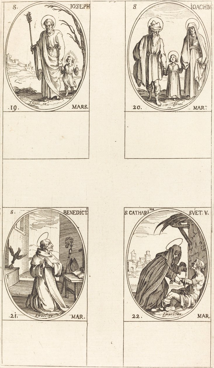 Sint Jozef, Sint Joachim, Sint Benedictus, Abt, Sint Catharina van Zweden door Jacques Callot
