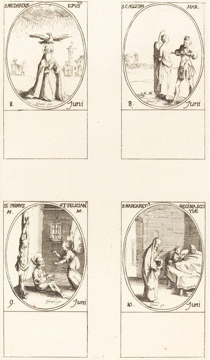 St. Medard; St. Calliopa; Sts. Primus en Felician; St. Margaret van Schotland door Jacques Callot
