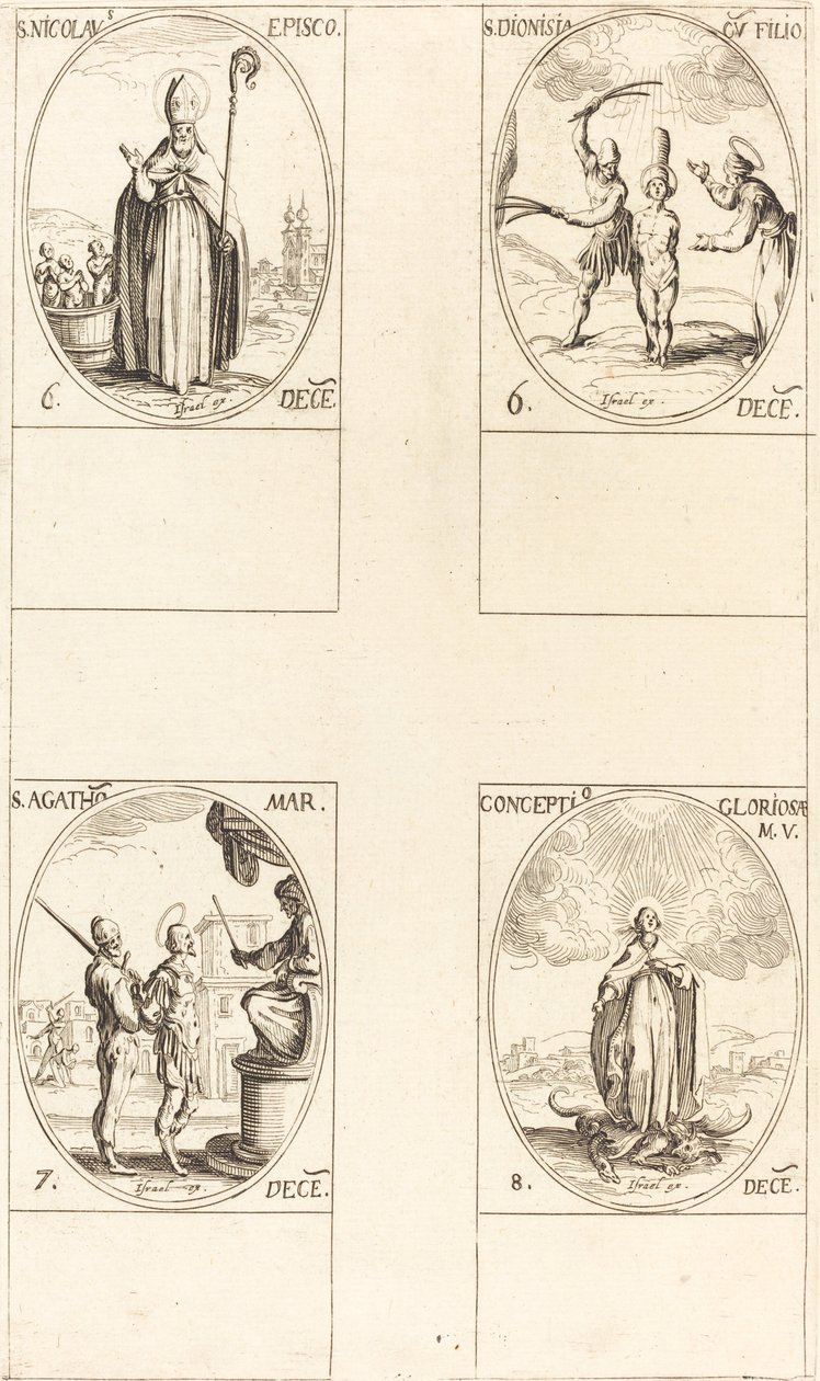 Sint Nicolaas; Sint Dionisia en zoon; Sint Agatha; Ontvangenis van de Maagd door Jacques Callot