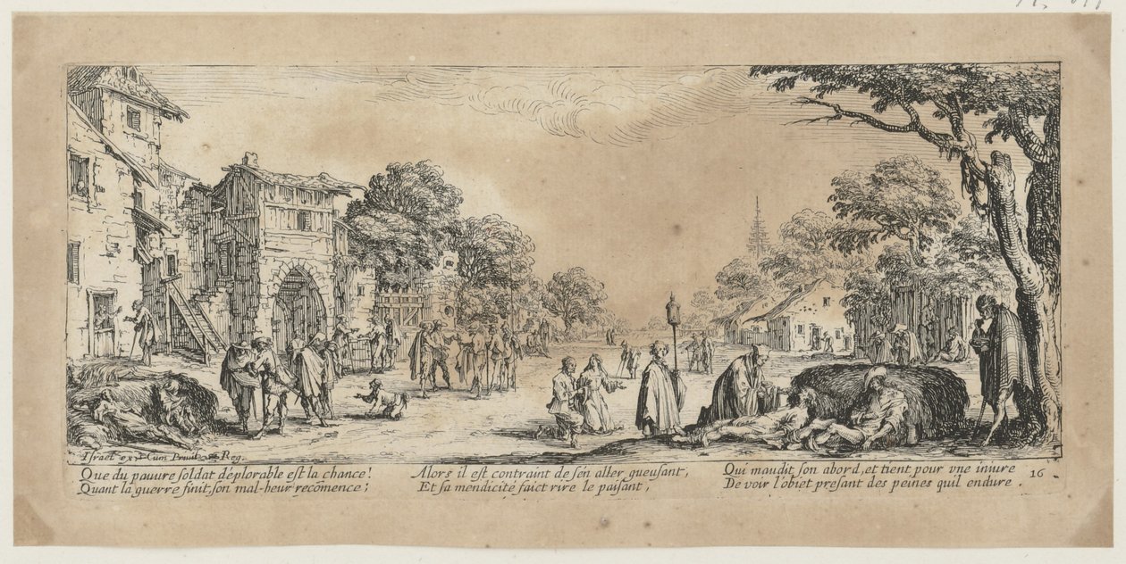 Stervenden langs de weg, blad 16 van de serie „De gruwelen van de oorlog” door Jacques Callot