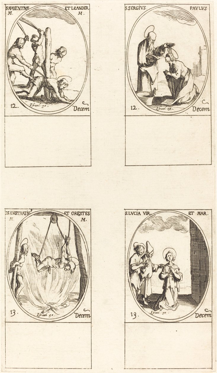 Heiligen Maxentius & Leander; Heiligen Sergius & Paulus; Heiligen Eustratius & Orestes; Sint Lucia door Jacques Callot