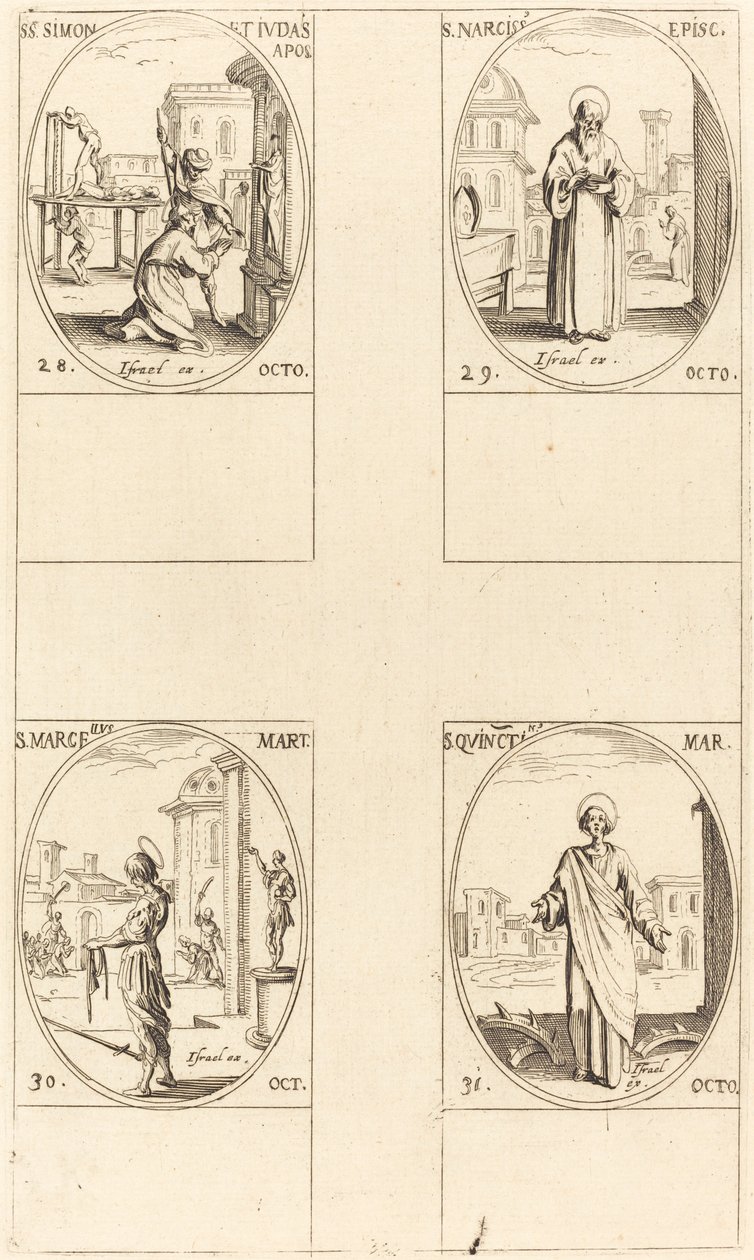 Heiligen Simon en Judas, apostelen; Heilige Narcissus; Heilige Marcellus; Heilige Quintin door Jacques Callot