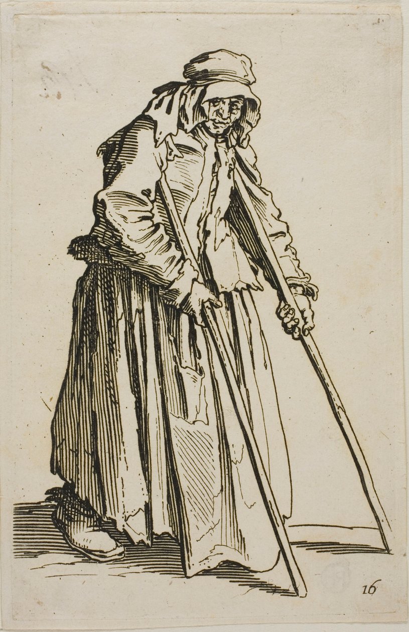 De bedelaar op krukken en zijn bedelaarsportemonnee, plaat tien uit De bedelaars door Jacques Callot