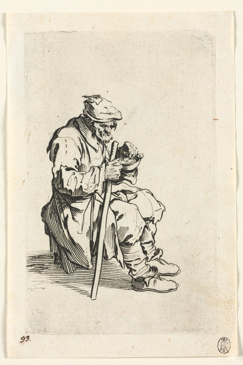De bedelaars: bedelaar zittend en etend, ca. 1623 door Jacques Callot