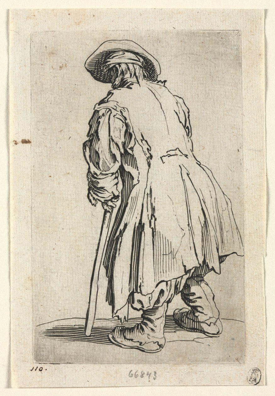 De bedelaars: Oude bedelaar op één enkele kruk, ca. 1623 door Jacques Callot