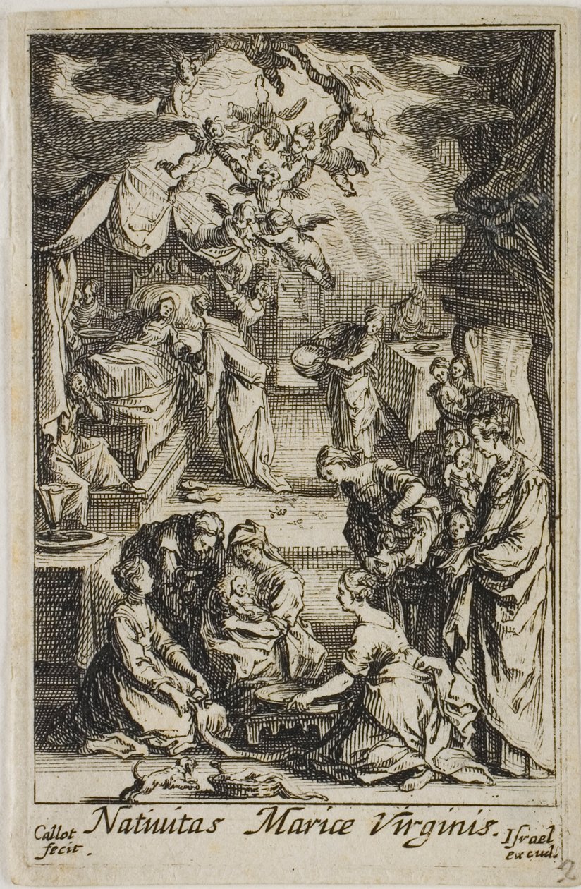 De geboorte van de Maagd Maria, uit Het leven van de Maagd door Jacques Callot