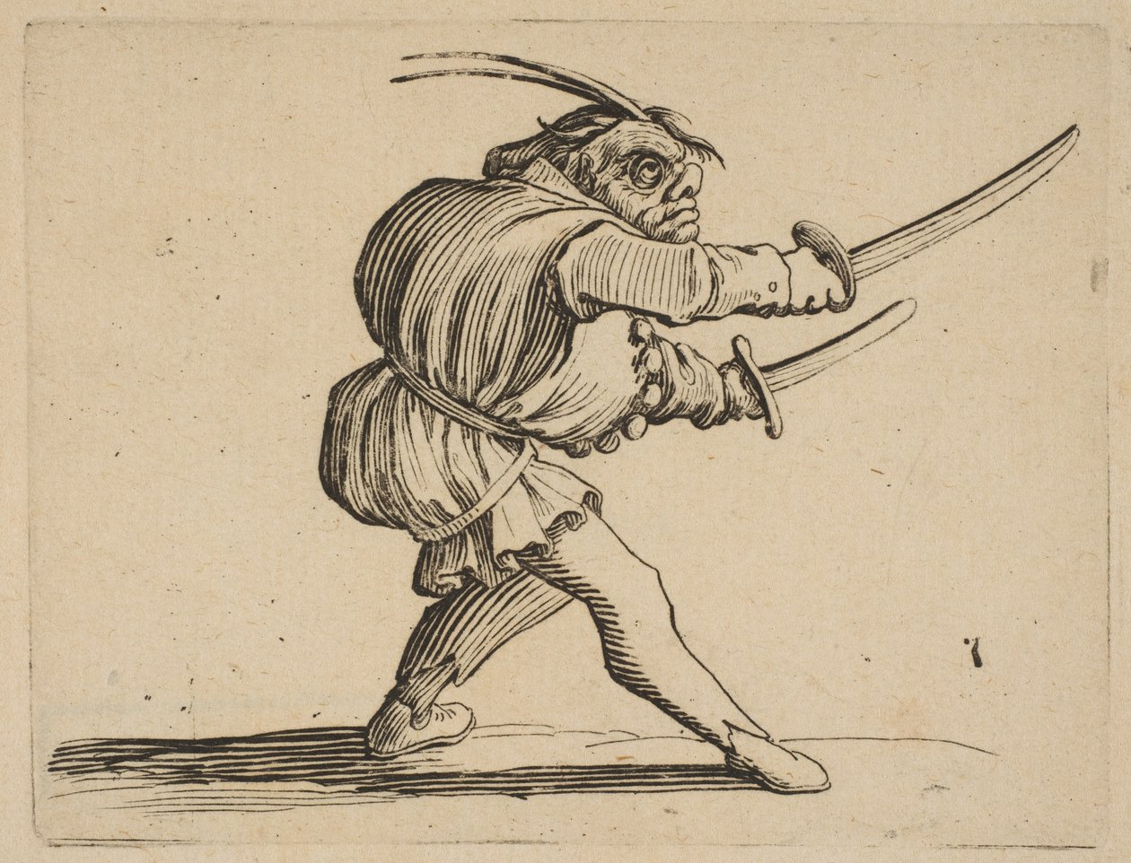 De duellist met twee sabels, uit Varie Figure Gobbi, ca. 1616-22 door Jacques Callot