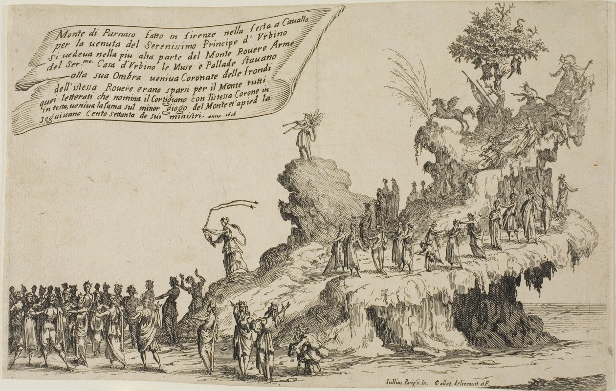 De praalwagen van de berg Parnassus, uit De oorlog van schoonheid door Jacques Callot