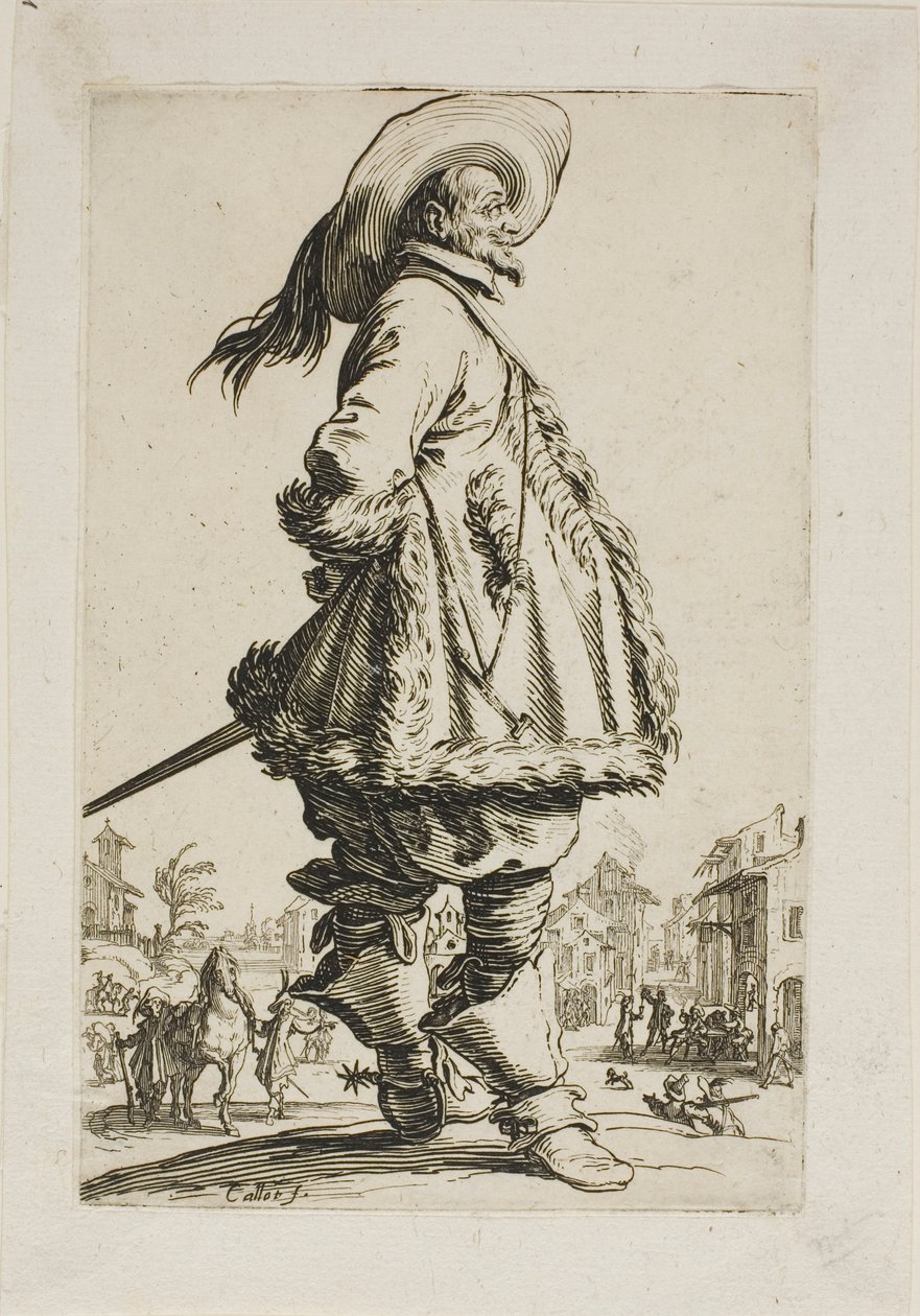 De Edelman in een Met Bont Afgewerkte Mantel, Zijn Handen Achter Zijn Rug Houdend, plaat zeven uit La Noblesse door Jacques Callot