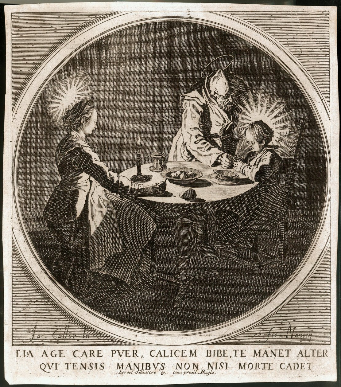 De Heilige Familie aan tafel ... (gravure) door Jacques Callot