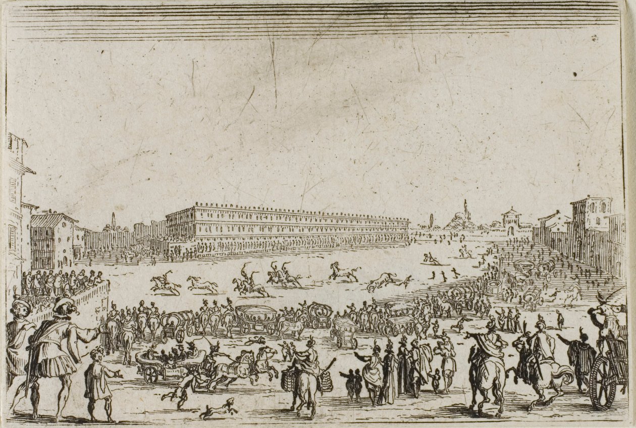 De Paardenrace bij het Pitti Paleis, in Florence, uit De Caprices door Jacques Callot