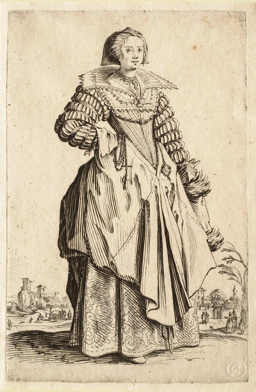 The Lady with the Large Collar and the Headdress Falling Back (De dame met de grote kraag en de naar achteren vallende hoofdtooi) door Jacques Callot