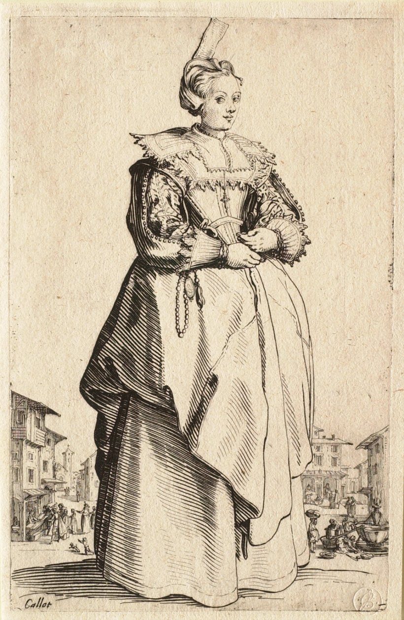 De dame met de kleine, naar achteren opgetrokken muts (La Dame à la petite coiffe relevée en arrière) door Jacques Callot