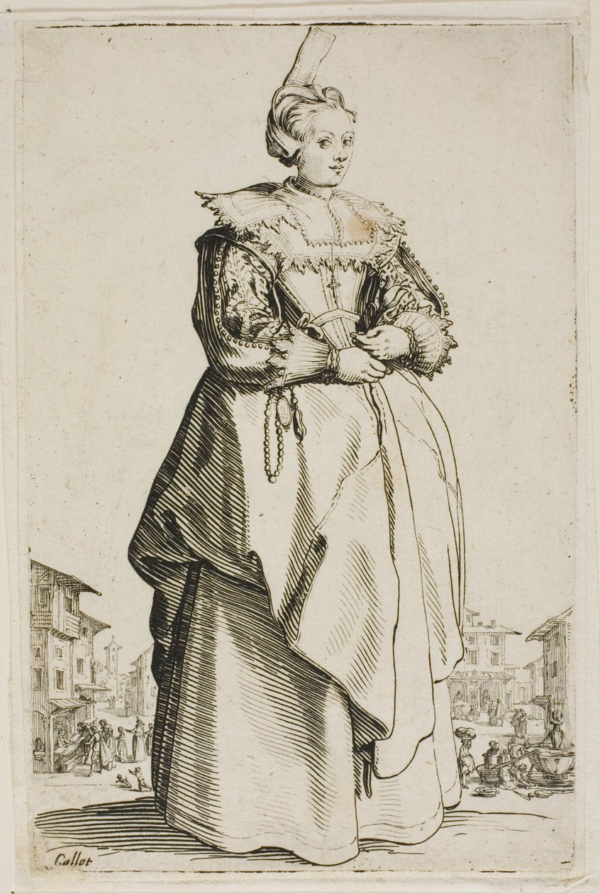 De Dame met de Kleine Opgeheven Kap, plaat één van La Noblesse door Jacques Callot