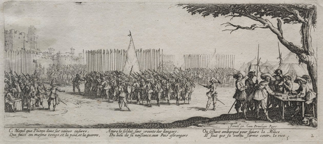 De Grote Ellende van de Oorlog: Inschrijving van de Troepen, 1633 door Jacques Callot