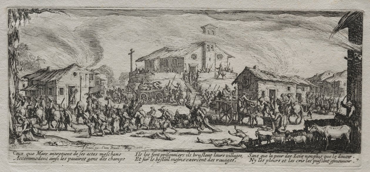 De Grote Ellende van de Oorlog: Plundering en Verbranding van een Dorp, 1633 door Jacques Callot