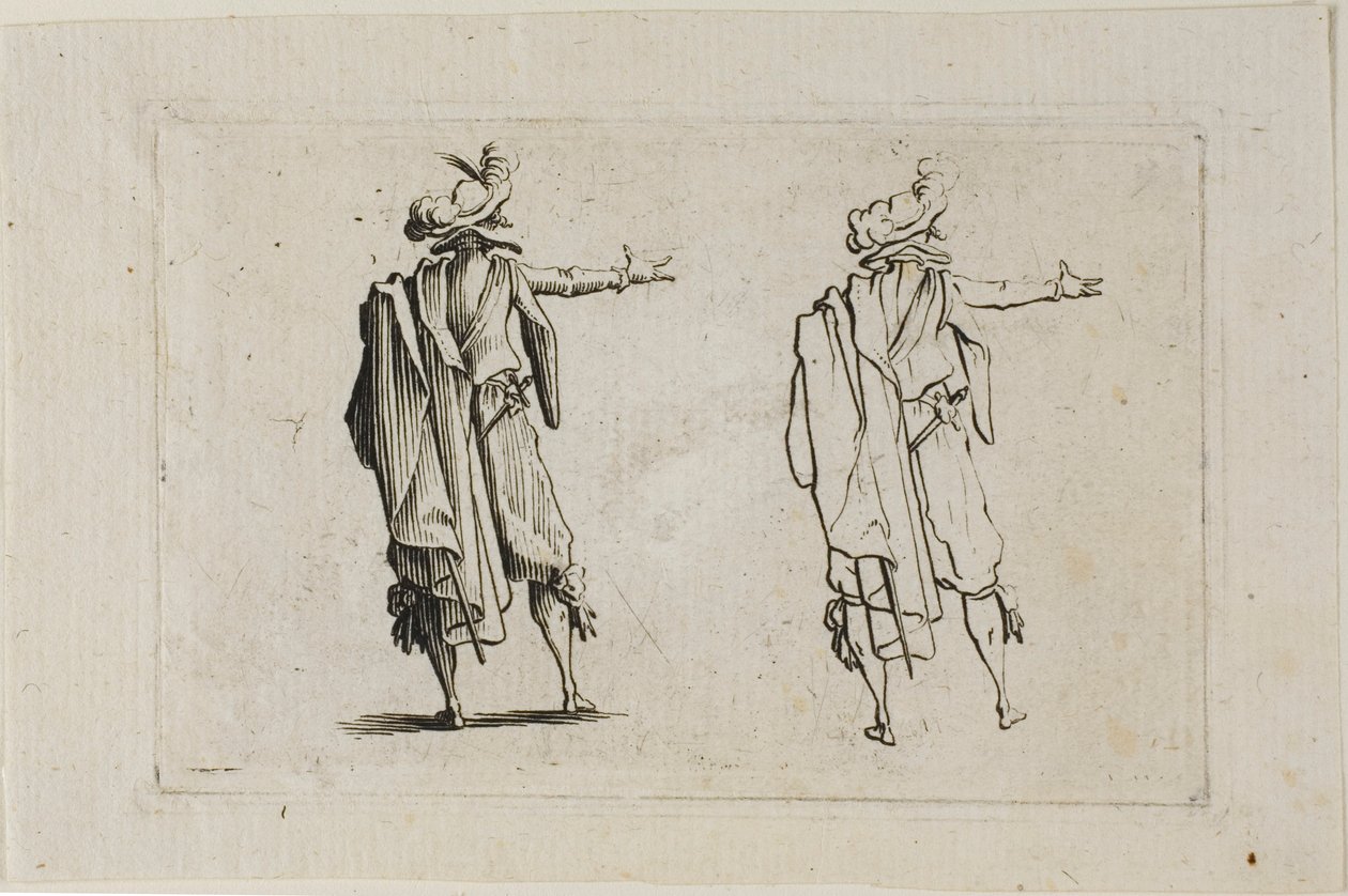 De man gezien vanaf de achterkant, rechterarm opgeheven, uit De Caprices door Jacques Callot