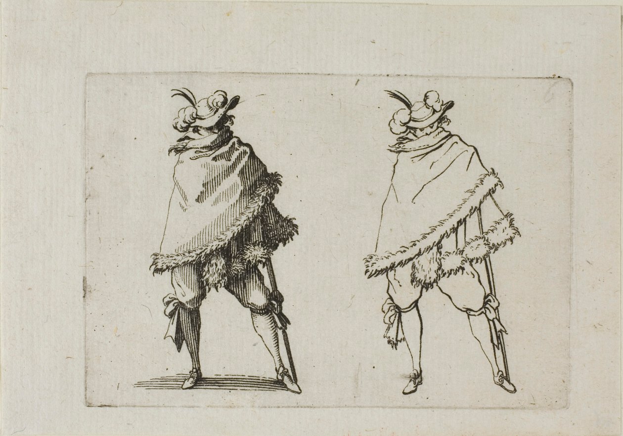 De man gewikkeld in zijn jas, uit De Caprices door Jacques Callot