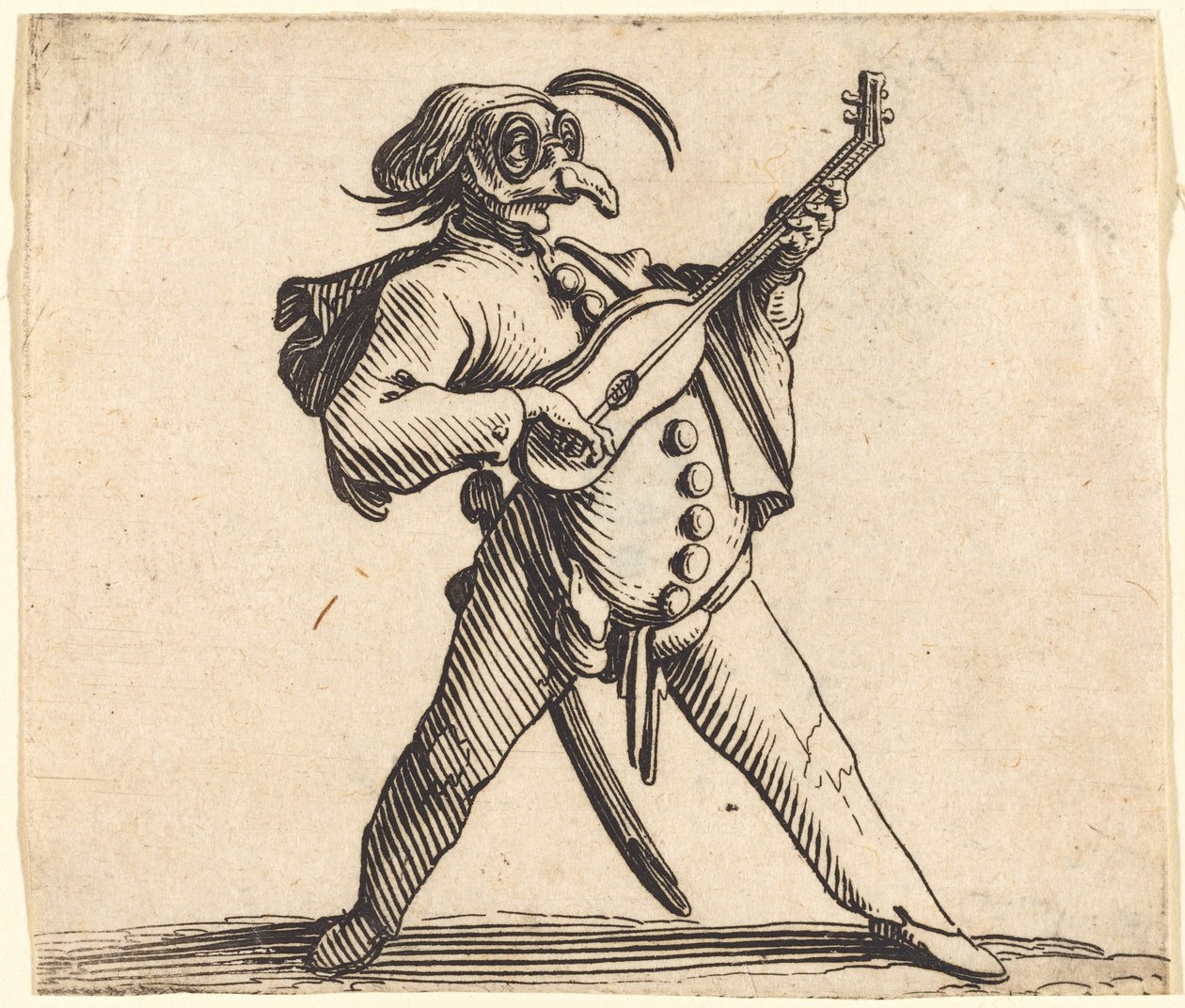 De Gemaskerde Komiek die Gitaar Speelt door Jacques Callot