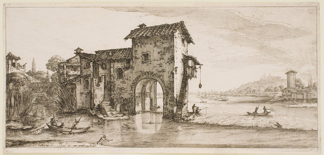 De molen aan de rivier, uit de serie „De landschappen van Florence“ door Jacques Callot