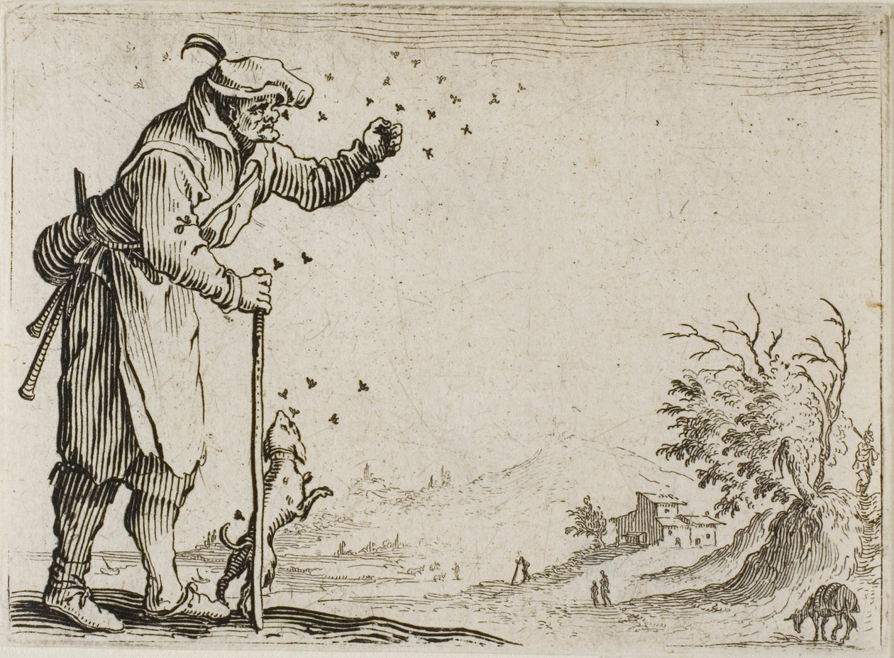 De Boer Aangevallen door Bijen, uit De Caprices door Jacques Callot