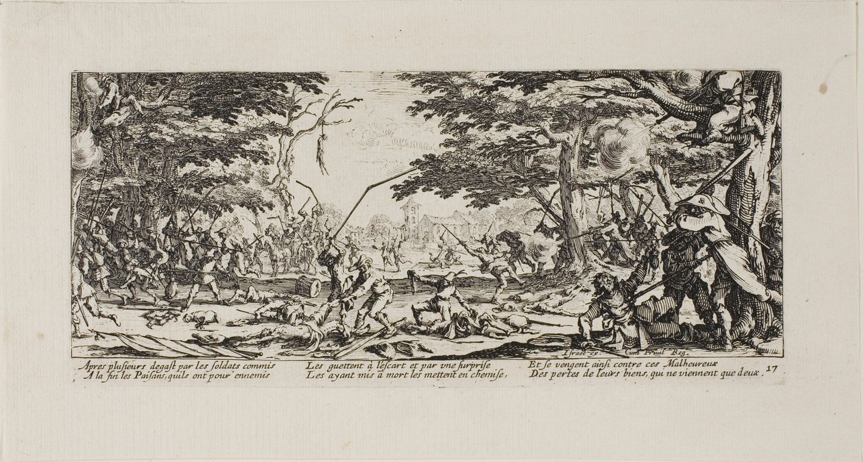 De Boeren wreken zich, plaat zeventien uit De Ellende van de Oorlog door Jacques Callot